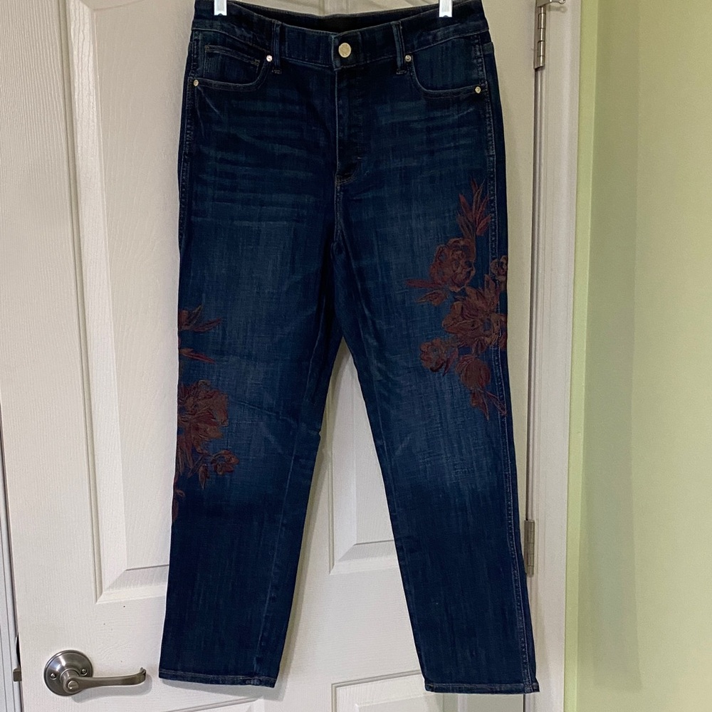 White House Black Market Dark Blue Jeans with Burgundy Floral Accents